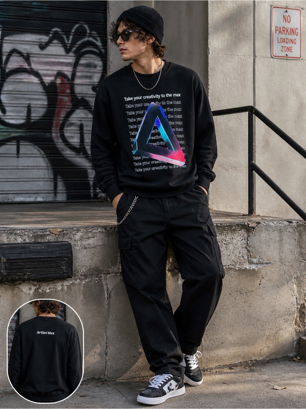 District V.I.T. Fleece Artlist Max Graphic Crewneck Sweatshirt Black Size Medium
